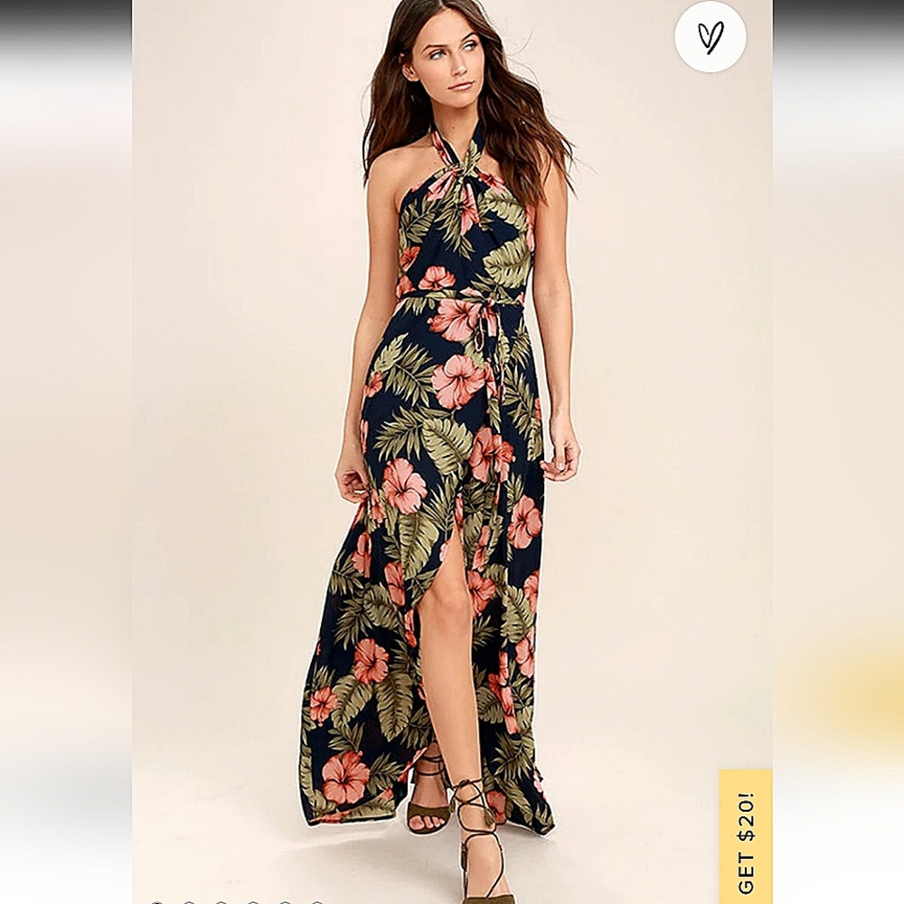 LuLus Hawaiian Print Halter Wrap Dress-Size XL